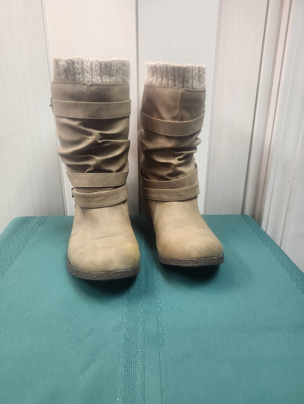 JustFab Taupe Slouchy Mid-Calf Heeled Boots with Knit Cuff